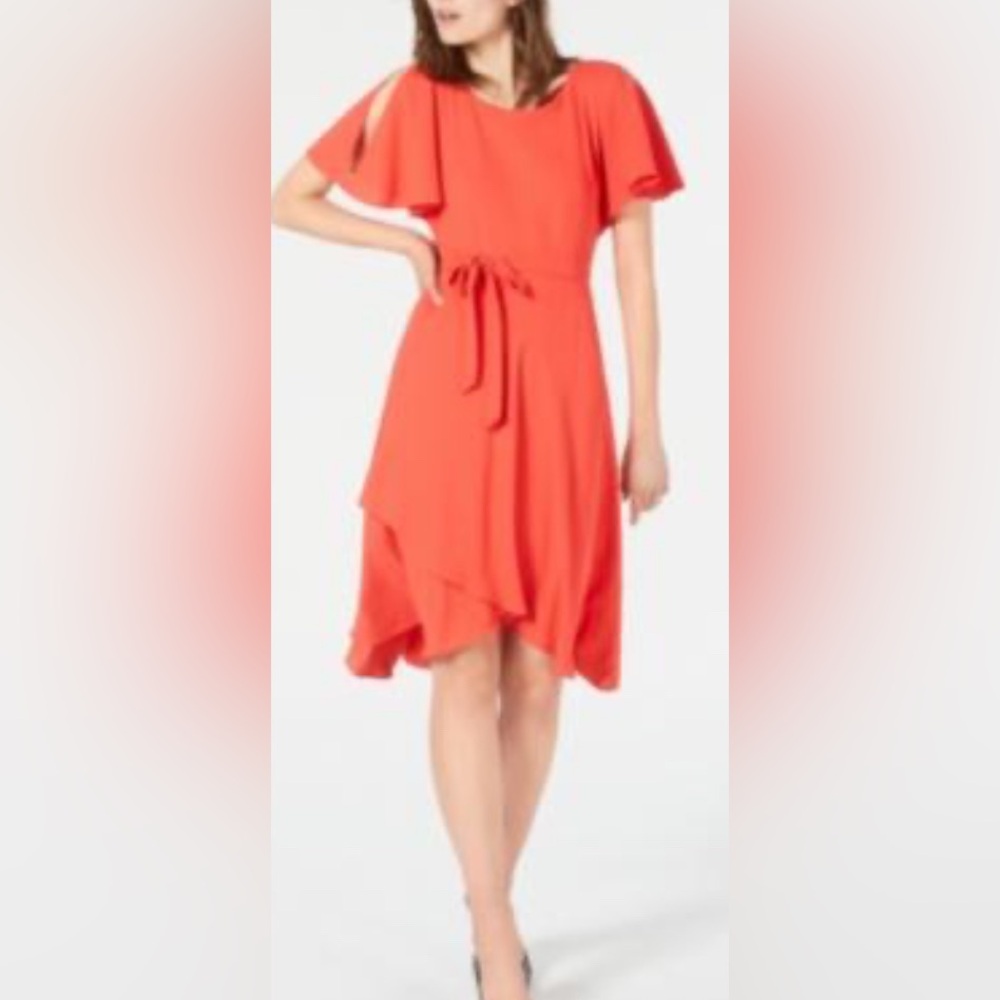 Anne Klein Sz 14 Red Flutter Sleeve Side Zipper Faux Wrap Dress w/Matching Belt